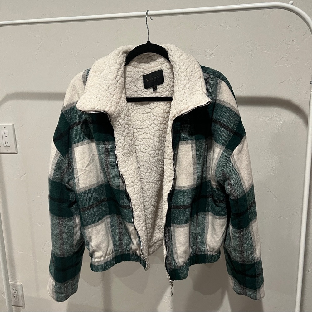 Green plaid Sherpa jacket